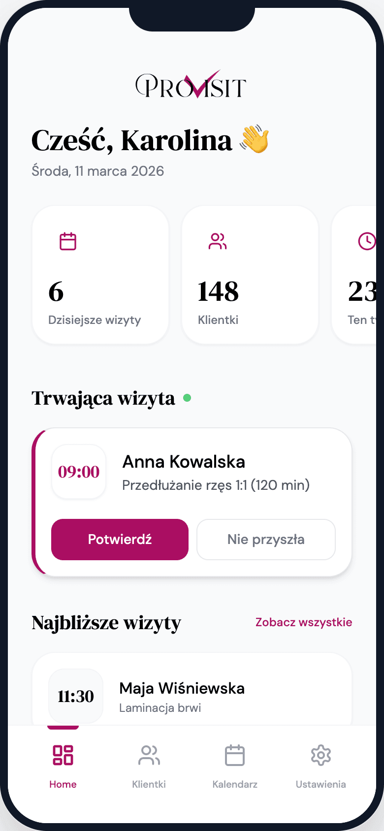 ProVisit - ekran główny aplikacji